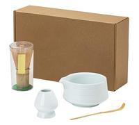 WIYETY Kit Complet Cérémonie du Thé Matcha - Lot de 4 Pièces (Fouet en Bambou, Bol Céramique Bec Verseur, Support et Pelle) - Porte-Fouet - Accessoires Japonais pour la cérémonie du Matcha