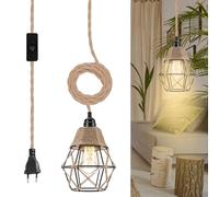 WIYETY Lampe suspendue avec prise : suspension en rotin et câble de 1,8 m, lampe suspendue vintage plug-in, câble textile, kit de support E27 pour cuisine, balcon, intérieur (sans ampoule)