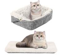 WIYETY Lit 2 en 1 pour chat - En peluche douce - Lavable - Canapé moelleux - Lit pour animaux de compagnie - Pour chats et petits chiens (gris + peluche blanche)