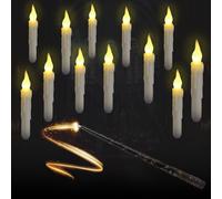 WIYETY Lot de 12 bougies LED flottantes : bougies coniques suspendues sans flamme avec baguette magique, bougies LED à lumière chaude pour Halloween, Noël, famille, mariage, décoration de fête