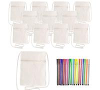 WIYETY - Lot de 12 sacs en tissu à peindre DIY - Petits sacs à bandoulière - Sacs à peindre avec 18 crayons de couleur, 17 x 13 cm - Porte-monnaie pour enfants - Sac en tissu à peindre pour l'école