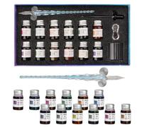 WIYETY Lot de 16 porte-plumes Ensemble de stylos en verre : Plumes calligraphiques à tremper, Porte-plumes en verre avec stylos en verre Encres colorées Porte-stylos en verre, Ensemble de calligraphie