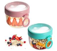 WIYETY Lot de 2 gobelets à céréales à emporter : gobelets à yaourt à emporter avec cuillère et couvercle, 600 ml, gobelet anti-fuite pour yaourt à emporter, récipient à fruits, gobelet à salade pour
