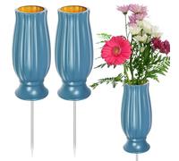 WIYETY Lot de 2 vases funéraires avec piquet de terre - Vase pour tombe - Vase pour tombe - En plastique - Pour pierre tombale - Décoration de cimetière - Bleu
