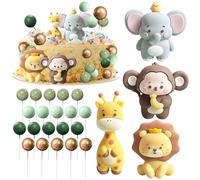 WIYETY Lot de 24 décorations de gâteau d'animaux de la forêt - Décoration de gâteau sur le thème de la jungle - Boules de décoration d'anniversaire - Avec éléphant, singe, girafe, lion