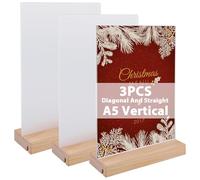 WIYETY Lot de 3 présentoirs de table A5 en acrylique - Support pour panneaux - Présentoir avec pied en bois - Présentoir publicitaire double face pour carte de menu, brochure, menu (incliné et droit)