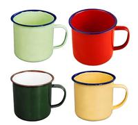 WIYETY Lot de 4 tasses en émail : 350 ml Tasse en étain réutilisable Ensemble de tasses en émail Porcelaine de camping Porcelaine Tasses à thé pour camping, bureau, fête, maison (rouge + vert armée +