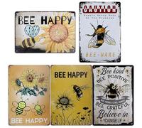 WIYETY Lot de 5 plaques en tôle vintage - Panneau d'avertissement abeille : 20 x 30 cm - Plaque en métal de style maison de campagne - Décoration de maison d'abeilles - Accessoire de décoration