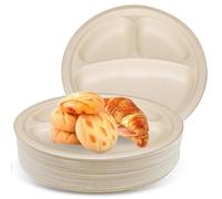 WIYETY Lot de 50 grandes assiettes en carton biodégradables de 23 cm avec 3 compartiments, en forme de canne à sucre, résistantes à l'huile et imperméables, pour fête, maison, pique-nique (beige)