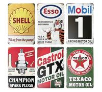 WIYETY Lot de 6 plaques murales rétro en métal pour garage : plaque métallique rétro de 20x30 cm pour moto, plaques en fer, plaques métalliques pour huile de moteur, décoration vintage d'atelier