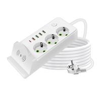 WIYETY Multiprise de table avec câble de 2 m : multiprise de bureau avec 3 prises, 4 USB et 1 type C, 2500 W, charge sans fil, pour la maison et le bureau, blanc