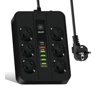 WIYETY Multiprise noire 6 ports : multiprise avec 5 ports USB A et 1 port de charge rapide de type C, adaptateur de prise de 2 m, prise portable pour bureau, maison, voyage