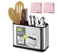 WIYETY Porte-couverts 4 compartiments pour la cuisine : récipient à ustensiles de cuisine avec 2 chiffons de nettoyage, porte-ustensiles de cuisine en acier inoxydable, organisateur de couverts pour