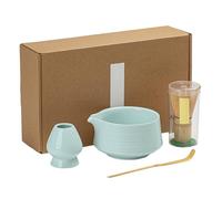 WIYETY Set Matcha 4 Pièces avec Fouet à Matcha en Bambou Fait Main, Support à Fouet, Bol à Matcha avec Bec Verseur et Cuillère à Matcha, Kit Matcha en Céramique pour Cérémonie du Thé