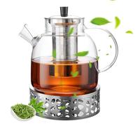 WIYETY Théière avec infuseur 1,5 l : théière en verre avec socle en acier inoxydable et poignée avec protection anti-brûlure, grande capacité en verre borosilicate, théière pour herbes aromatiques