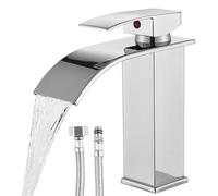 WIYETY TouchOn Robinet de salle de bain argenté - Robinet cascade avec mitigeur monocommande | Tuyau en acier inoxydable de 60 cm | Mitigeur pour salle de bain et WC d'invités | Robinet de lavabo |