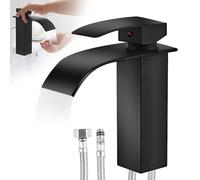 WIYETY TouchOn Robinet de salle de bain noir - Robinet cascade mat avec protection anti-empreintes digitales - Mitigeur monocommande et tuyau en acier inoxydable de 60 cm - Certifié DVGW - Pour salle