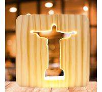 WIYETY Veilleuse Croix de Jésus 3D Mini Lampe de Table LED, Sculpture sur Bois Lumière Blanc Chaud, Alimentée par USB