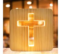 WIYETY Veilleuse Croix De Jésus: Mini Veilleuse Religieuse 3D Croix De Jésus, Petite Lampe De Table Pour Chambre, Sculpture En Bois LED, Lumière Blanc Chaud Alimentée Par USB, Cadeau Lumineux
