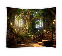 WIYKMK Tapisserie de bibliothèque rétro gothique médiévale pour salle d'étude, arbre vert magique, château, décoration murale pour salon, chambre à coucher, dortoir