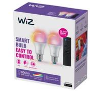 Wiz Ampoule LED connectée Kit E27 – 2x équivalent 60W, Wi‑Fi, télécommande, compatible Alexa/Google