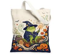 Wizard Amphibian Automne Magic Halloween Sac fourre-tout en toile 33 x 38,1 | Illustration d'amphibiens magiciens, motif d'automne fantaisie, esthétique saisonnière confortable, tissu texturé en lin