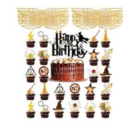 Wizard Kit de décoration de gâteau - 1 décoration de gâteau Happy Birthday, 24 décorations de cupcakes magiques et 50 ailes dorées pour chocolat ou muffins, décoration d'anniversaire magicien pour