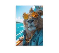 WIZIGM Poster animal Lion prenant un selfie sur un bateau de croisière - Art mural moderne - Décoration murale - Peinture esthétique - 60 x 90 cm - Style sans cadre