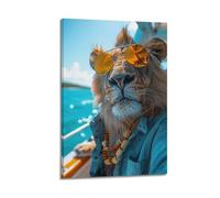 WIZIGM Poster animal Lion prenant un selfie sur un bateau de croisière - Art mural moderne - Toile décorative - 40 x 60 cm - Style cadre