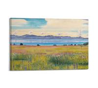 WIZIGM Poster de paysage du lac mongol - Fleurs de prairie latérales en couleurs claires mélangeant - Art mural moderne sur toile - Décoration esthétique - 30 x 45 cm - Style cadre