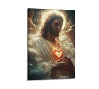 WJDYMX Portrait chrétien de Jésus avec cœur sacré entouré de lumière sacrée et d'anges - Impression sur toile murale moderne pour chambre à coucher - 20 x 30 cm