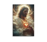 WJDYMX Portrait chrétien de Jésus avec le Sacré-Cœur entouré de lumière sacrée et d'anges - Peinture décorative sur toile - Affiche murale pour la chambre à coucher moderne et décor familial 30 x 45
