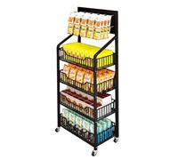 WJFTODAY Présentoir de Vente au détail, étagère de Rangement pour Bonbons et collations, ison avec 4 Roues et 15 Crochets, Chariot de supermarché à 4 Niveaux en métal Noir (Couleur : Noir, Taille : 6