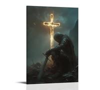 WJHJZQYY A Battle-worn Knight Kneels Before A Glowing Cross, His Sword Buried in The Soil, Eyes Raised Toward The Breaking Dawn. Poster mural décoratif moderne à suspendre 20 x 30 cm