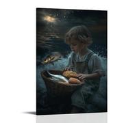 WJHJZQYY A Child Shares His Bread, And The World Shifts in Silence Before The First Fish Touches The Basket Poster mural décoratif moderne à suspendre 60 x 90 cm