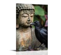 WJHJZQYY A Crow Lands Beside A Weathered Buddha Statue, Tilting Its Head As If Asking The Meaning of The Silence. Poster mural décoratif moderne à suspendre 60 x 90 cm