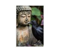 WJHJZQYY A Crow Lands Beside A Weathered Buddha Statue, Tilting Its Head As If Asking The Meaning of The Silence. Poster mural décoratif moderne à suspendre 20 x 30 cm