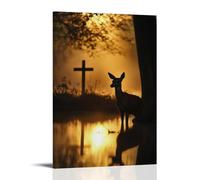 WJHJZQYY A Deer Sees The Cross Only in The Water And Kneels Before It Under Dawn's Golden Veil. Poster mural décoratif moderne à suspendre 50 x 75 cm