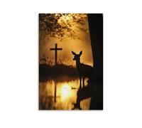 WJHJZQYY A Deer Sees The Cross Only in The Water And Kneels Before It Under Dawn's Golden Veil. Poster mural décoratif moderne à suspendre 50 x 75 cm