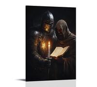 WJHJZQYY A Knight Shields A Monk Copying Scripture, Guarding The Candle That Keeps Faith Alive in The Darkness Poster mural décoratif moderne à suspendre 60 x 90 cm