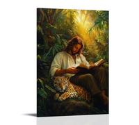 WJHJZQYY A Sleeping Jaguar Lies Peacefully at Jesus' Feet As He Reads Scripture Beneath A Sunbeam in The Jungle. Décoration murale moderne à suspendre 40 x 60 cm