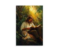 WJHJZQYY A Sleeping Jaguar Lies Peacefully at Jesus' Feet As He Reads Scripture Beneath A Sunbeam in The Jungle. Décoration murale moderne à suspendre 40 x 60 cm