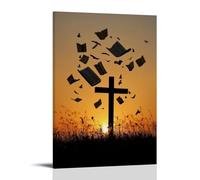 WJHJZQYY Affiche murale décorative moderne à suspendre avec inscription « At Sunrise, The Cross Silhouettes Against Golden Light While Bible Pages Float Upward Up Like Birds Returning Home » (50 x 75