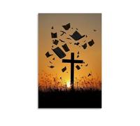WJHJZQYY Affiche murale décorative moderne à suspendre avec inscription « At Sunrise, The Cross Silhouettes Against Golden Light While Bible Pages Float Upward Up Like Birds Returning Home » (60 x 90