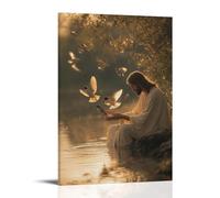 WJHJZQYY At Dawn, Jesus Sits Beside A Lake Feeding Sparrows with His Hands, Their Wings Glow in Rising Light. Poster mural décoratif moderne à suspendre 40 x 60 cm