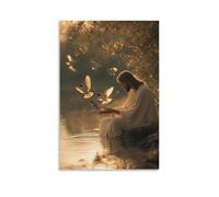 WJHJZQYY At Dawn, Jesus Sits Beside A Lake Feeding Sparrows with His Hands, Their Wings Glow in Rising Light. Poster mural décoratif moderne à suspendre 40 x 60 cm