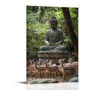 WJHJZQYY Bouddha assis sur un piédestal en pierre en tant que cerf sauvage, Undisturbed by The World Unraveling beyond the Trees. Décoration murale moderne à suspendre 40 x 60 cm