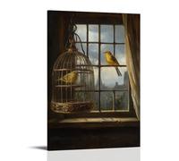 WJHJZQYY Décoration murale moderne à suspendre avec fenêtre ouverte sur un ciel orageux - Scène néerlandaise de l'âge d'or d'un canari chantant dans une cage dorée, 30 x 45 cm