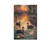 WJHJZQYY Impressionnist Oil Study of Ducks at Twilight, Water Lilies and Sunset Reflections Flurring Together Poster mural décoratif moderne à suspendre 50 x 75 cm