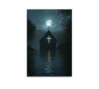 WJHJZQYY In A Flooded Valley, The Only Thing Above Water Is The Chapel's Cross, Glowing Beneath The Moon Poster mural décoratif moderne à suspendre 40 x 60 cm